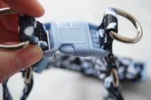 Load image into Gallery viewer, black and white leopard print dog strap harness with blue buckle