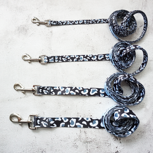 4 sizes of black and white leopard print dog leads